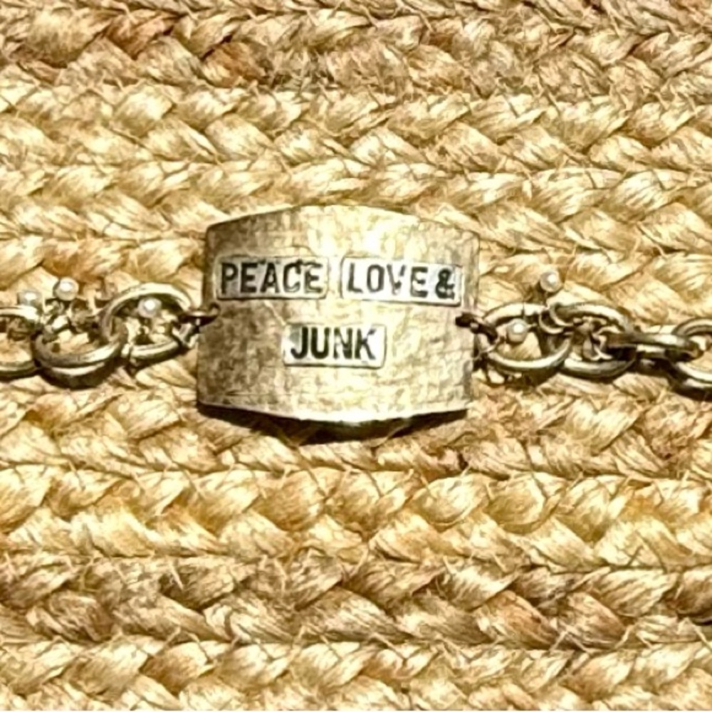 Distressed Gold Chain Bracelet with Peace Love & Junk Charm